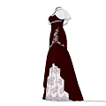 Model Wearing Elegant Dark Red Long Dress With White Sleeves And Patterned Hem 3d model