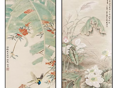Traditional Chinese Flower And Bird Painting With Banana Leaves And Lotus 3d model