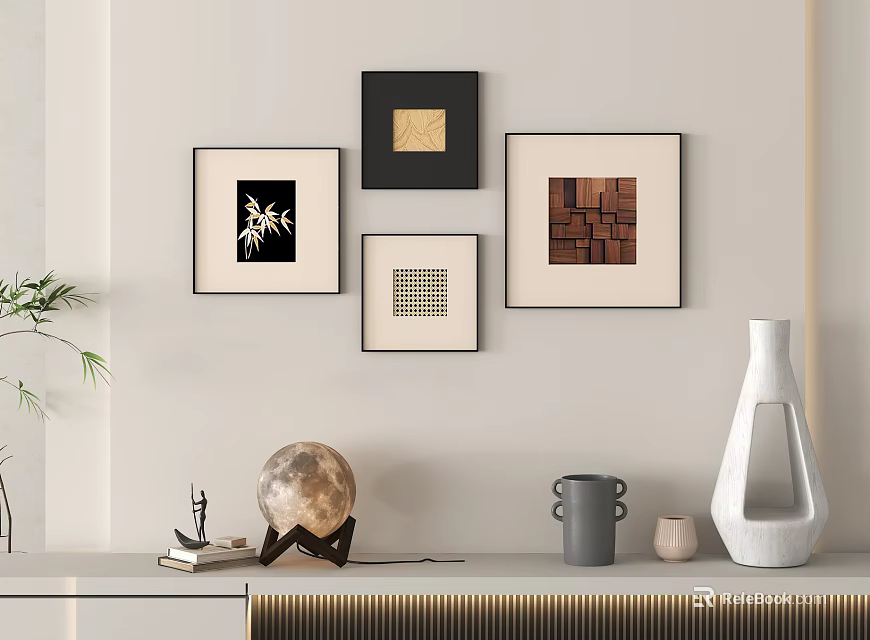Modern Interior Decor With Framed Artworks Globe Vase And Mug On Table 3d model 