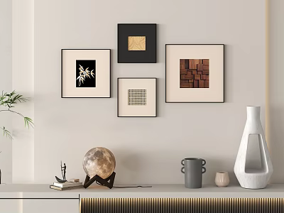 Modern Interior Decor With Framed Artworks Globe Vase And Mug On Table 3d model