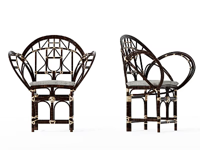 Two Vintage Rattan Leisure Chairs With Curved Frame Armrests And Gray Cushions 3d model