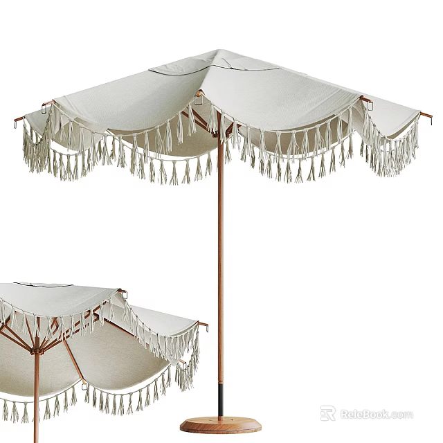 Outdoor White Canopy Umbrella With Tassel Trim And Copper Pole For Patio Use 3d model 