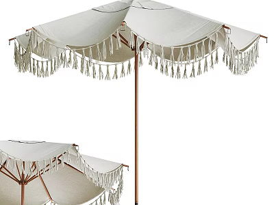 Outdoor White Canopy Umbrella With Tassel Trim And Copper Pole For Patio Use 3d model