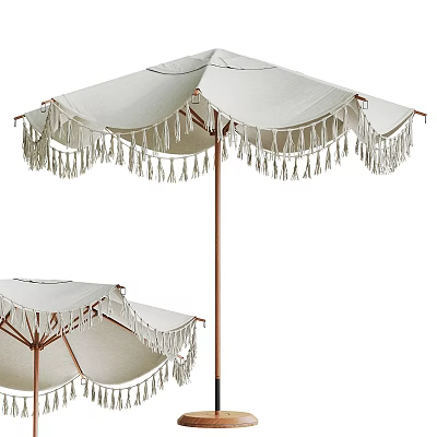 Outdoor White Canopy Umbrella With Tassel Trim And Copper Pole For Patio Use 3d model