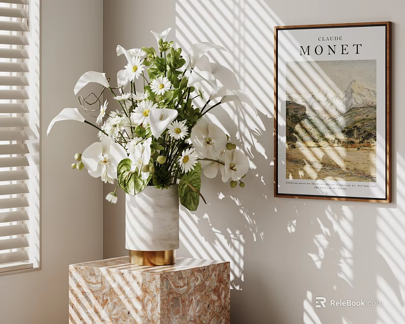 Elegant Decorative Ornaments Set With White Flower Vase Patterned Base Sunlight Shadow And Monet Painting 3d model 