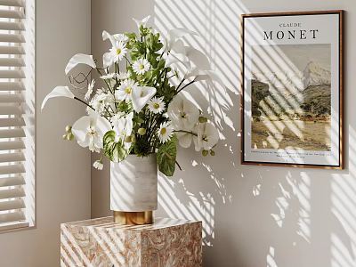 Elegant Decorative Ornaments Set With White Flower Vase Patterned Base Sunlight Shadow And Monet Painting 3d model