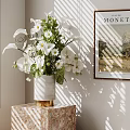 Elegant Decorative Ornaments Set With White Flower Vase Patterned Base Sunlight Shadow And Monet Painting