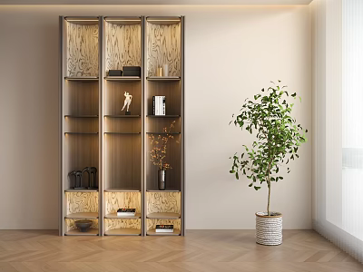 Modern Wooden Bookcase with Multiple Shelves Books Decor Items Green Plant and Herringbone Floor 3d model