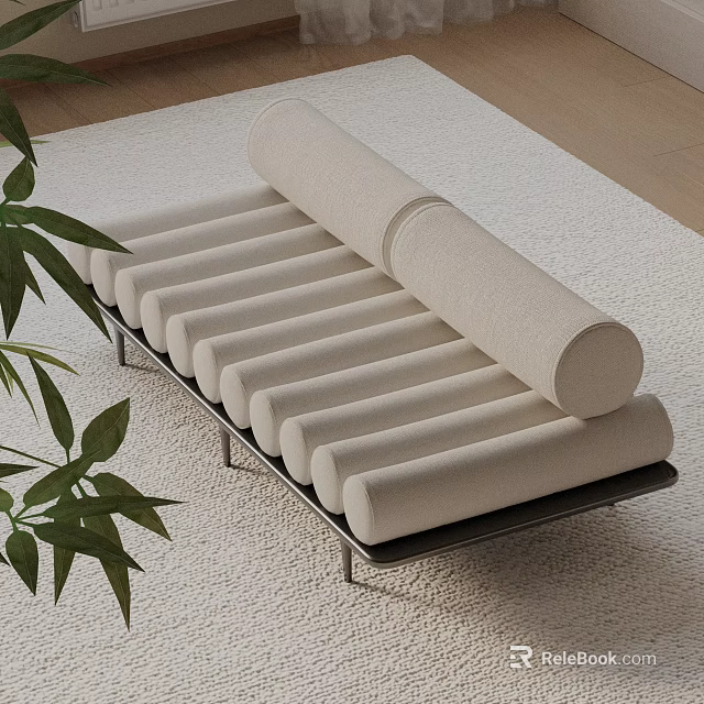 Modern Light Beige Sofa Bench With Cylindrical Fabric Cushions And Green Plant 3d model 