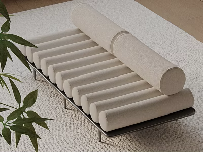 Modern Light Beige Sofa Bench With Cylindrical Fabric Cushions And Green Plant 3d model