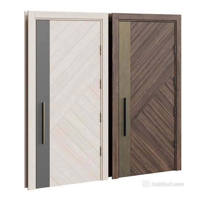 Light And Dark Wooden Hinged Doors With Herringbone Pattern Long Black Handles 3d model 