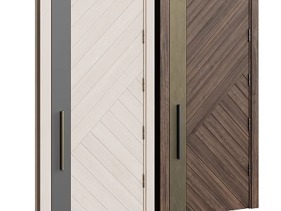 Light And Dark Wooden Hinged Doors With Herringbone Pattern Long Black Handles 3d model