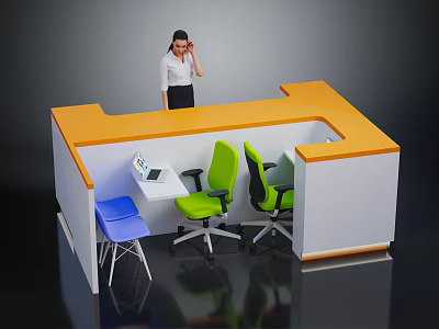 Orange And White Office Desk With Green Chairs Blue Chair And Laptop 3d model