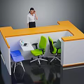 Orange And White Office Desk With Green Chairs Blue Chair And Laptop