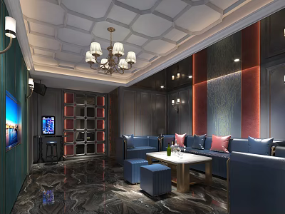 Luxurious KTV Room Interior With Blue Sofas Red Decorative Walls Chandelier Coffee Table And TV 3d model