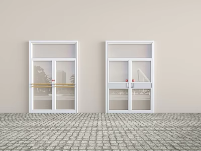 White Glass Sliding Doors With Frames Against Light Colored Wall And Stone Tile Floor 3d model
