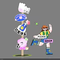 Colorful Guide Sign For Art Market With Happy Packing Creative World And Cartoon Character