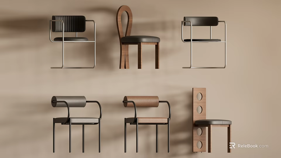 Modern Dining Chairs Featuring Metal Wooden Frames And Various Backrest Designs 3d model