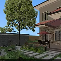 Garden Landscape Design with Stone Stepping Path Outdoor Dining Set Red Umbrella Large Tree and Lush Greenery