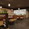 Restaurant Interior Design With Wooden Partition Pendant Lights Orange Rattan Seats And Textured Wall