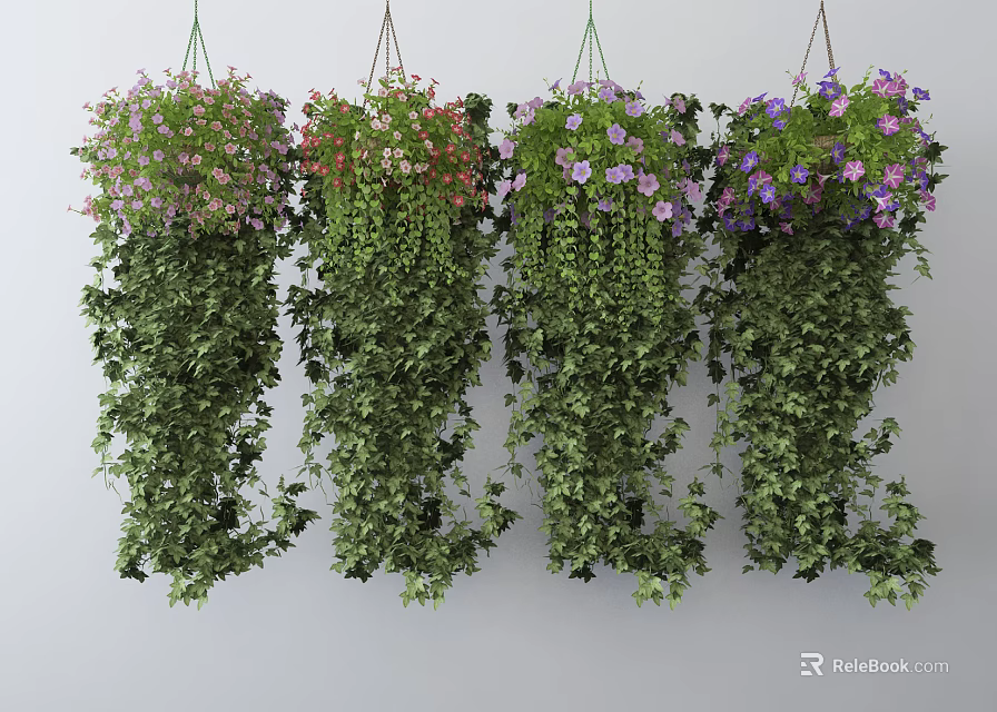 Hanging Basket Plants With Trailing Green Vines And Colorful Flowers For Home Decor 3d model 