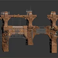 Ruined Industrial Scene Structure With Stone Platforms Pillars Metal Scaffolding And Mechanical Parts