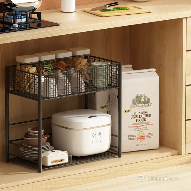 Black Metal Storage Shelf in Wooden Cabinet with Jars Rice Container Dishes and Flour Bag 3d model 