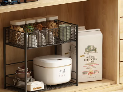 Black Metal Storage Shelf in Wooden Cabinet with Jars Rice Container Dishes and Flour Bag 3d model