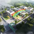 Modern School Building With Colorful Facade Design Palm Trees Lawn And Pedestrians