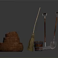 Essential Household Living Supplies Including Woven Baskets Broom Bucket Rake And Shovel