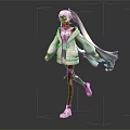 3D Anime Character With White Long Hair Purple Highlights And Blue Green Flowing Ribbons