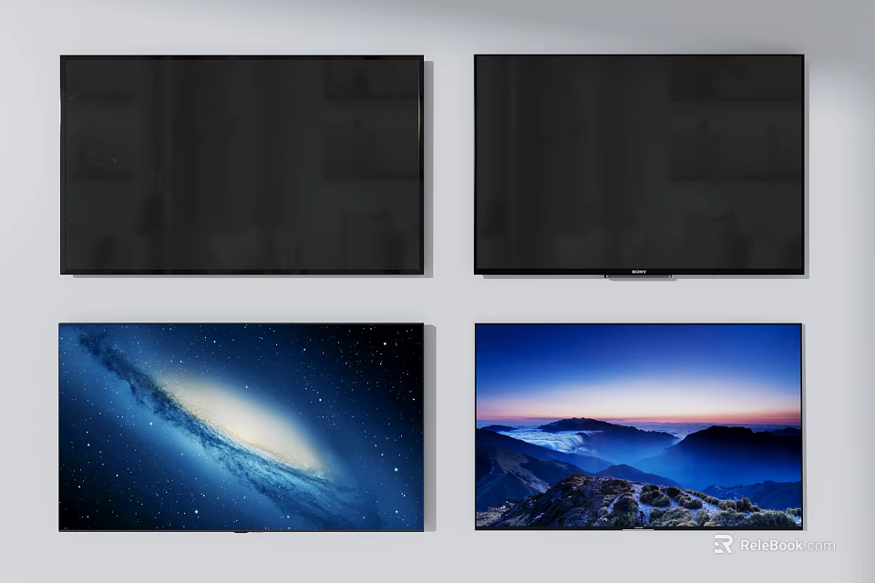Modern TVs With Black Screens Displaying Galaxy And Mountain Sunrise 3d model 