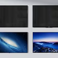Modern TVs With Black Screens Displaying Galaxy And Mountain Sunrise