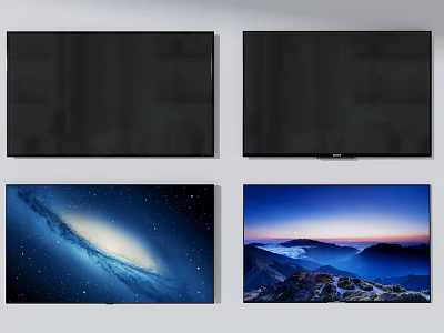 Modern TVs With Black Screens Displaying Galaxy And Mountain Sunrise 3d model
