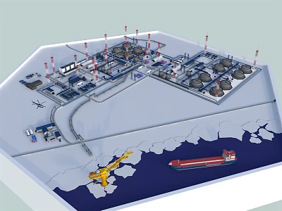 Industrial Coastal Landscape with Storage Tanks Pipes Cranes and Red Ship on Water 3d model