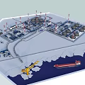 Industrial Coastal Landscape with Storage Tanks Pipes Cranes and Red Ship on Water