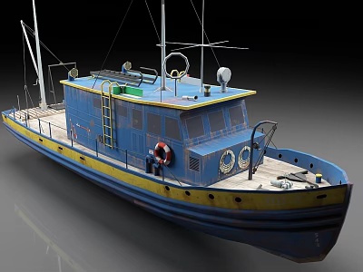 Blue and Yellow Work Boat With Lifebuoy Ladder and Antenna On Deck 3d model