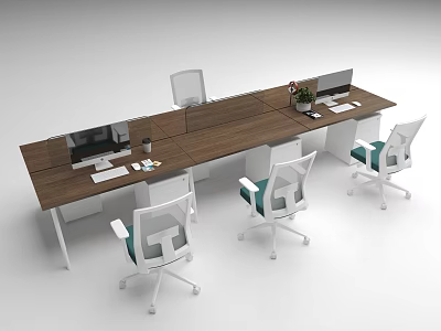 Modern Office Desk With Wooden Top White Legs Four Chairs Computer Monitors And Green Plant 3d model