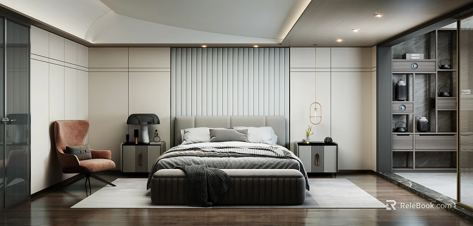 Modern Bedroom With Vertical Striped Wall Bedside Nightstands And Pendant Lamp 3d model 
