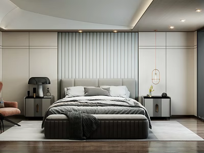 Modern Bedroom With Vertical Striped Wall Bedside Nightstands And Pendant Lamp 3d model