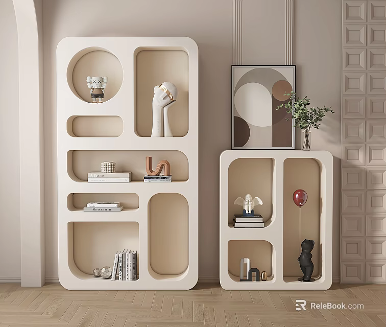Modern Light Colored Console Cabinet And Side Cabinet With Geometric Open Compartments Decorative Books Sculptures 3d model 
