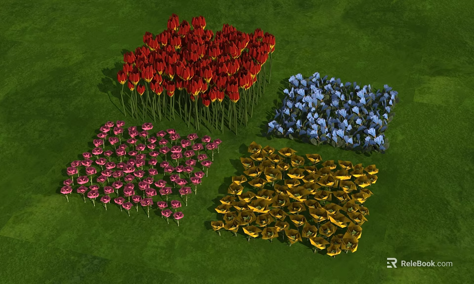 Neatly Arranged Red Pink Blue Yellow Flower Clusters On Green Grass Field 3d model 
