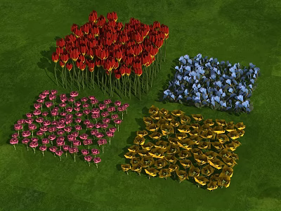 Neatly Arranged Red Pink Blue Yellow Flower Clusters On Green Grass Field 3d model