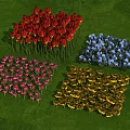 Neatly Arranged Red Pink Blue Yellow Flower Clusters On Green Grass Field