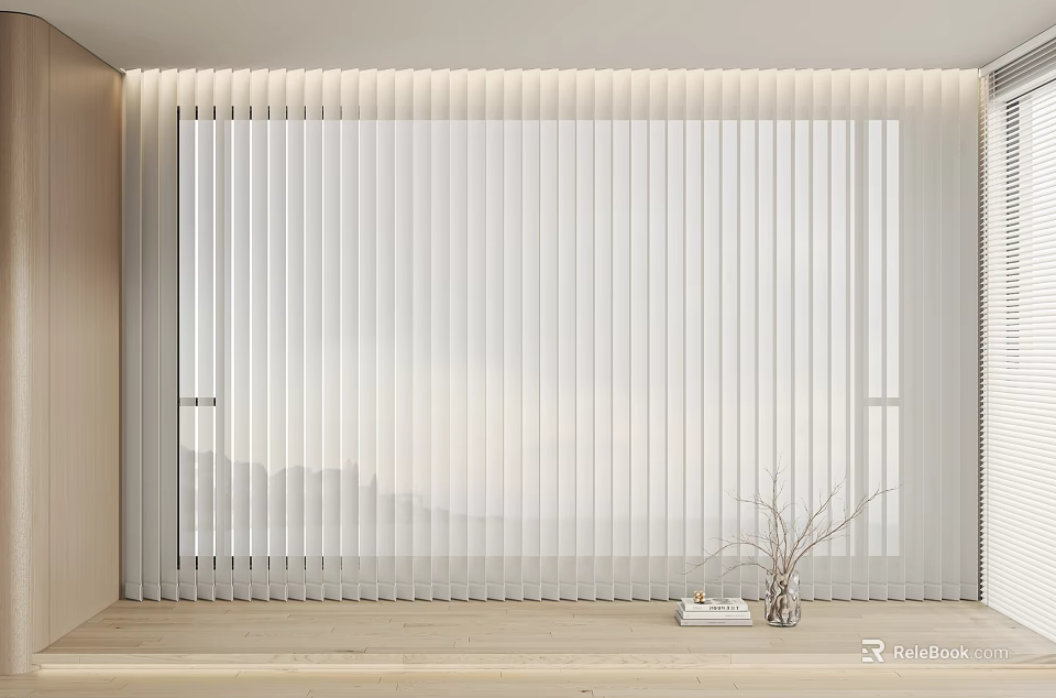 Minimalist Interior Window Featuring White Blinds Wooden Windowsill And Simple Decor 3d model 
