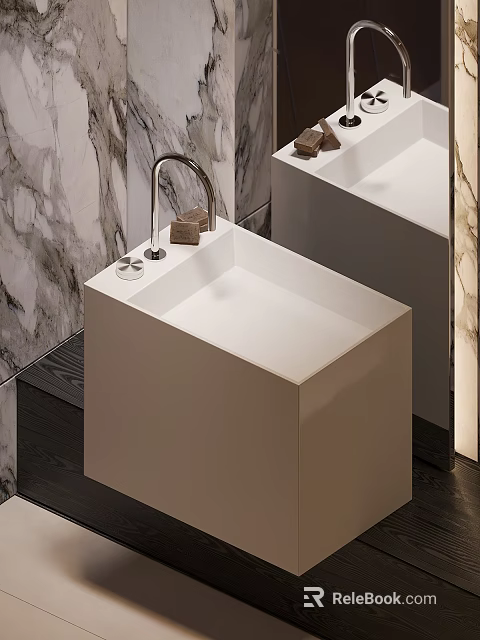 Modern White Washbasin Design With Marble Background Chrome Faucet And Soap 3d model 