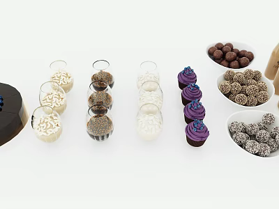 Delicious Assorted Desserts With Chocolate Truffles Purple Cupcakes And Colorful Treats 3d model