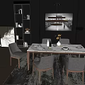 Modern Dining Table Set With White Top Gray Chairs Wall Art And Bookshelf 3d model