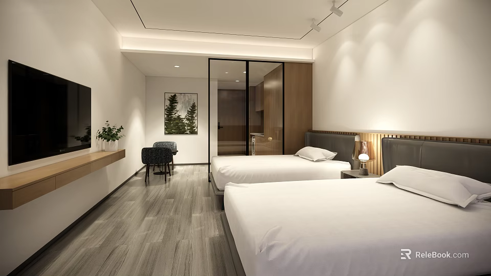 Modern Minimalist Hotel Guest Room with Twin Beds White Bedding Wooden Flooring and TV 3d model 