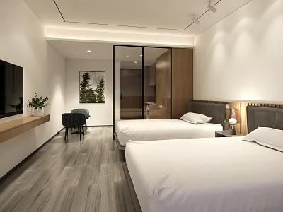 Modern Minimalist Hotel Guest Room with Twin Beds White Bedding Wooden Flooring and TV 3d model